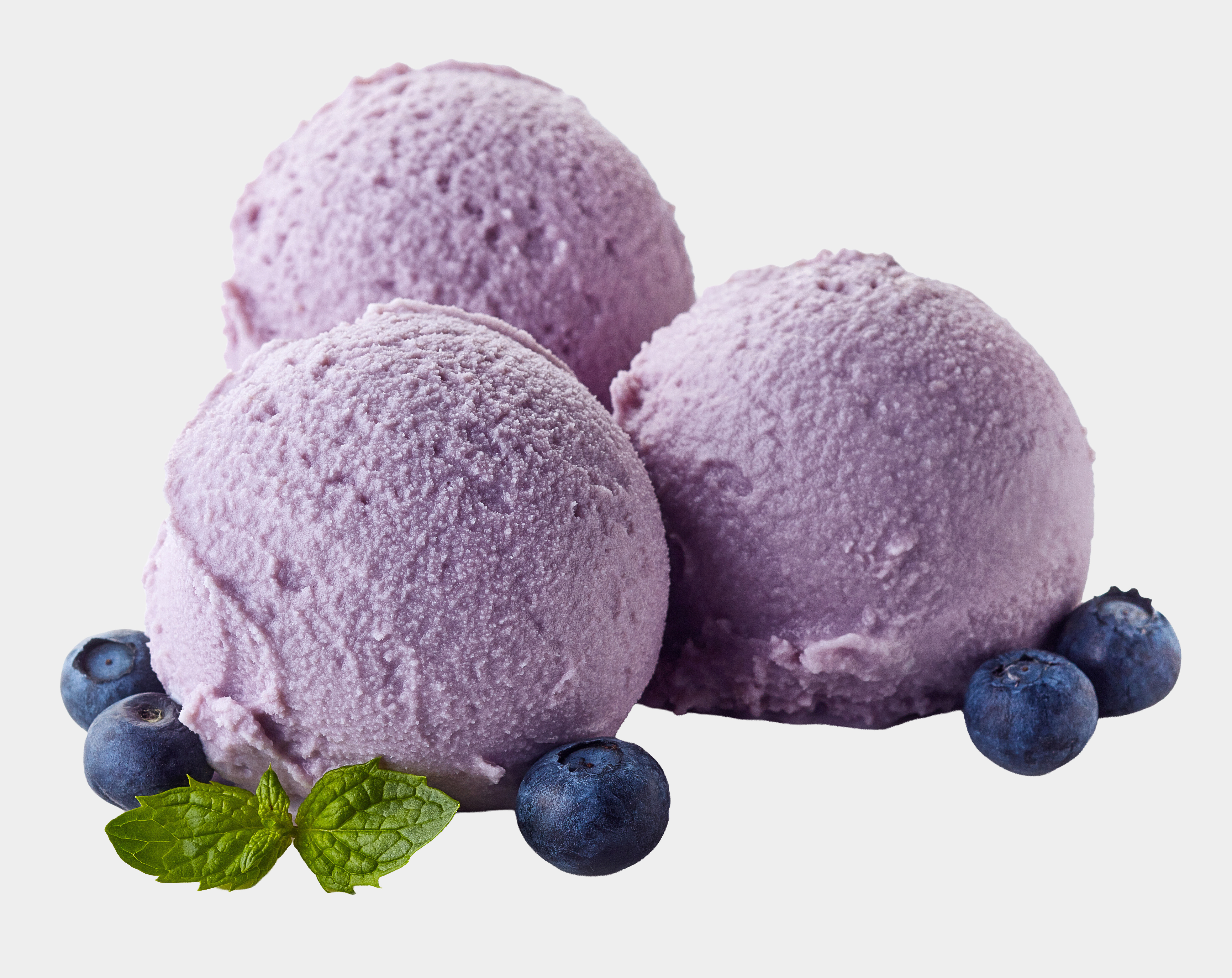 Three scoops of lavender ice cream with a smooth, pastel purple color.