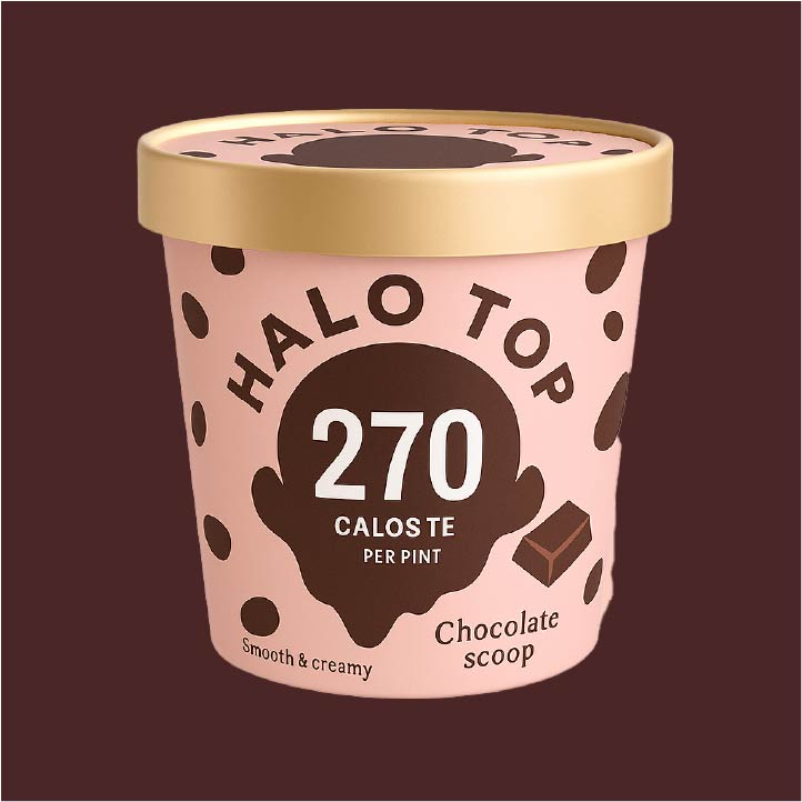 Halo Top chocolate scoop ice cream pint with 270 calories per pint on a pink and brown container.