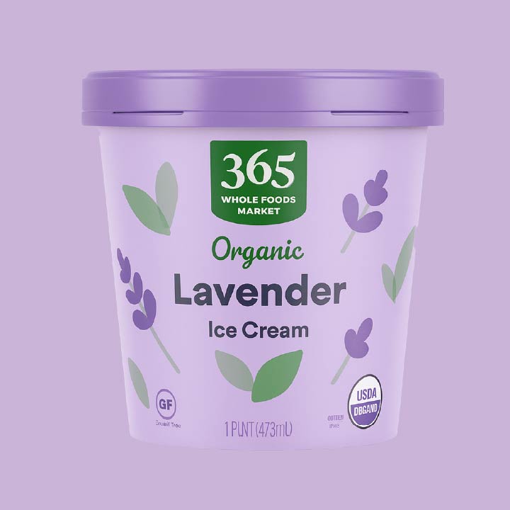 365 Organic Lavender ice cream pint with lavender illustrations on a light purple container.