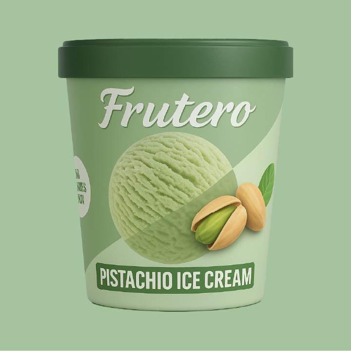 Frutero pistachio ice cream pint featuring green pistachio scoops and whole pistachios on a pastel green container.