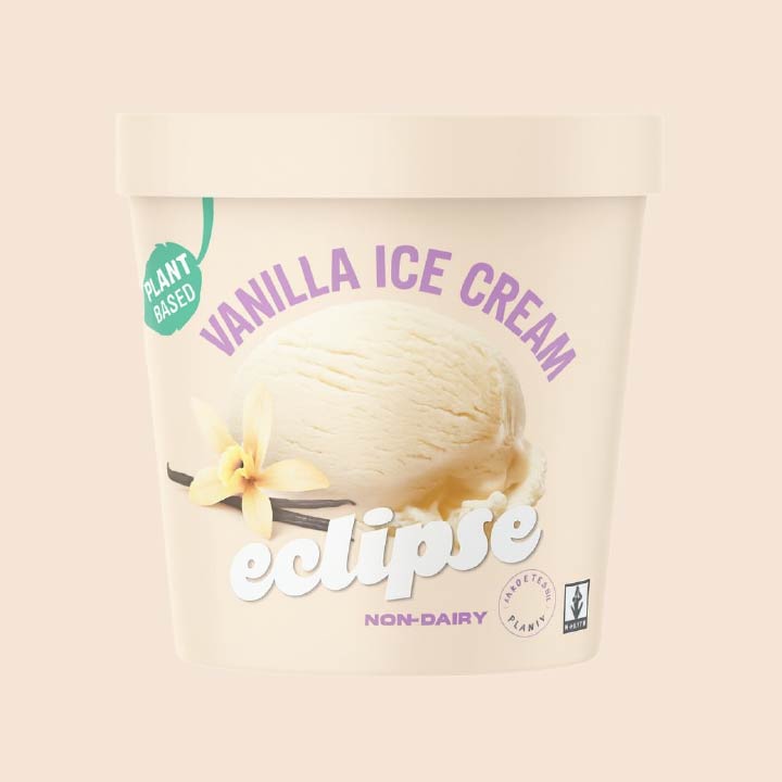 Eclipse plant-based vanilla ice cream pint with a vanilla flower illustration on a cream-colored container.